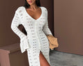 Robe Longue en Maille Ajourée écru - Coupe Bohème Chic & Fente Latérale