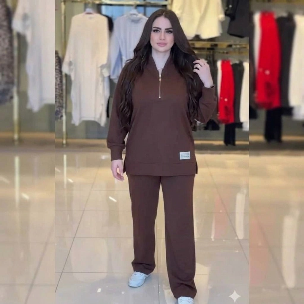 Ensemble Casual Chic 2 Pièces – Haut Demi-Zip & Pantalon Fluide