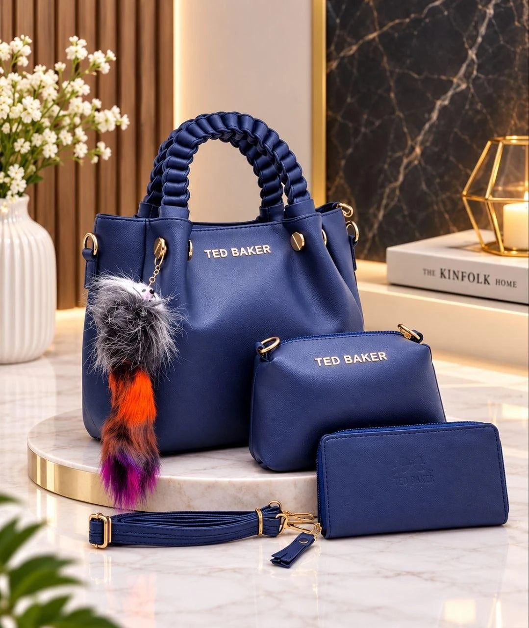Ensemble Sac à Main 3 Pièces en Cuir Synthétique – Grand Cabas avec Twilly, Pochette & Portefeuille⁠