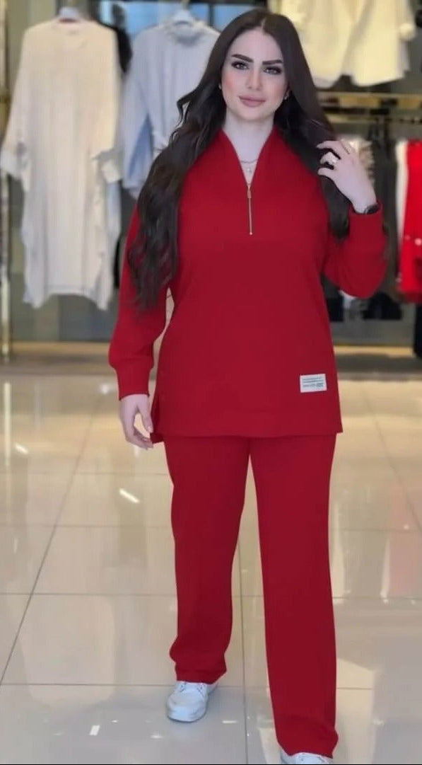 Ensemble Casual Chic 2 Pièces – Haut Demi-Zip & Pantalon Fluide