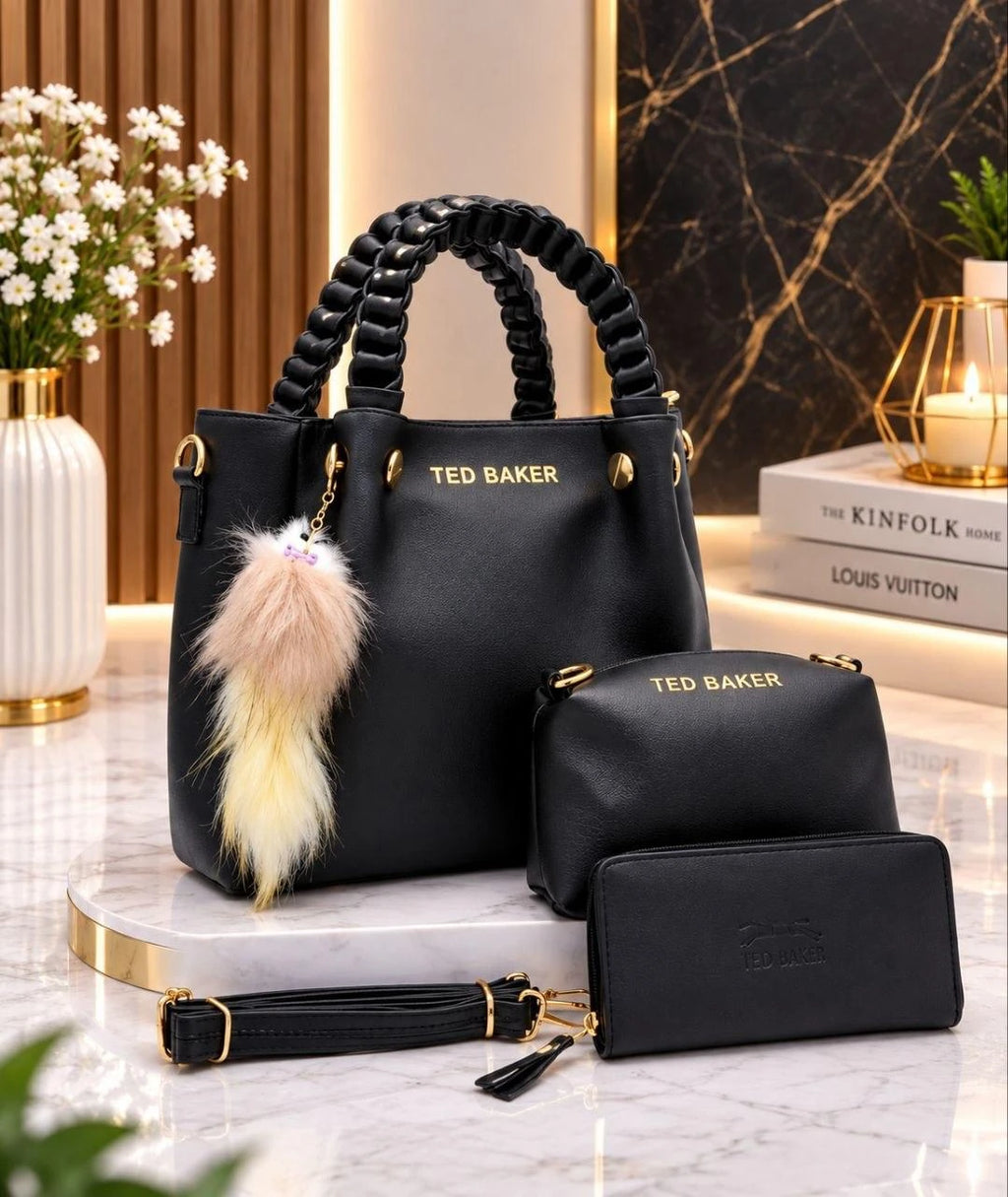 Ensemble Sac à Main 3 Pièces en Cuir Synthétique – Grand Cabas avec Twilly, Pochette & Portefeuille⁠