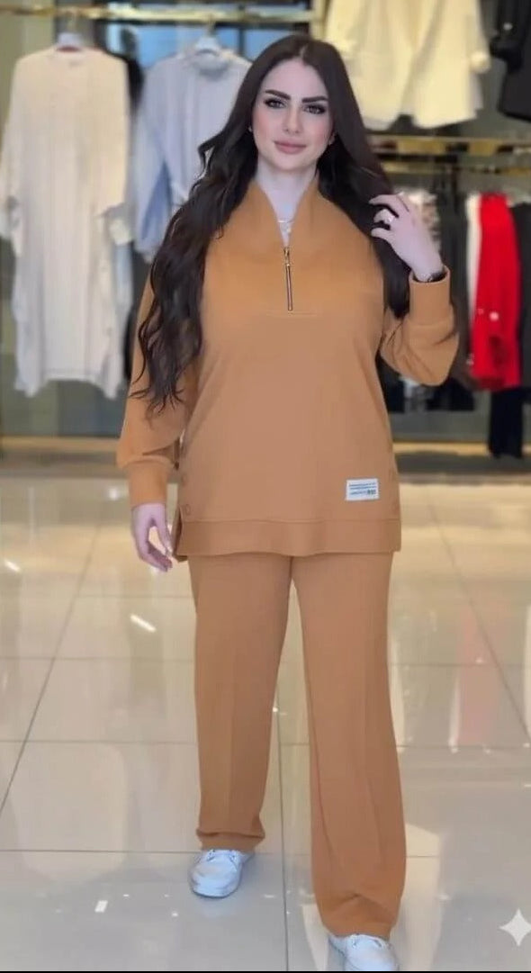 Ensemble Casual Chic 2 Pièces – Haut Demi-Zip & Pantalon Fluide