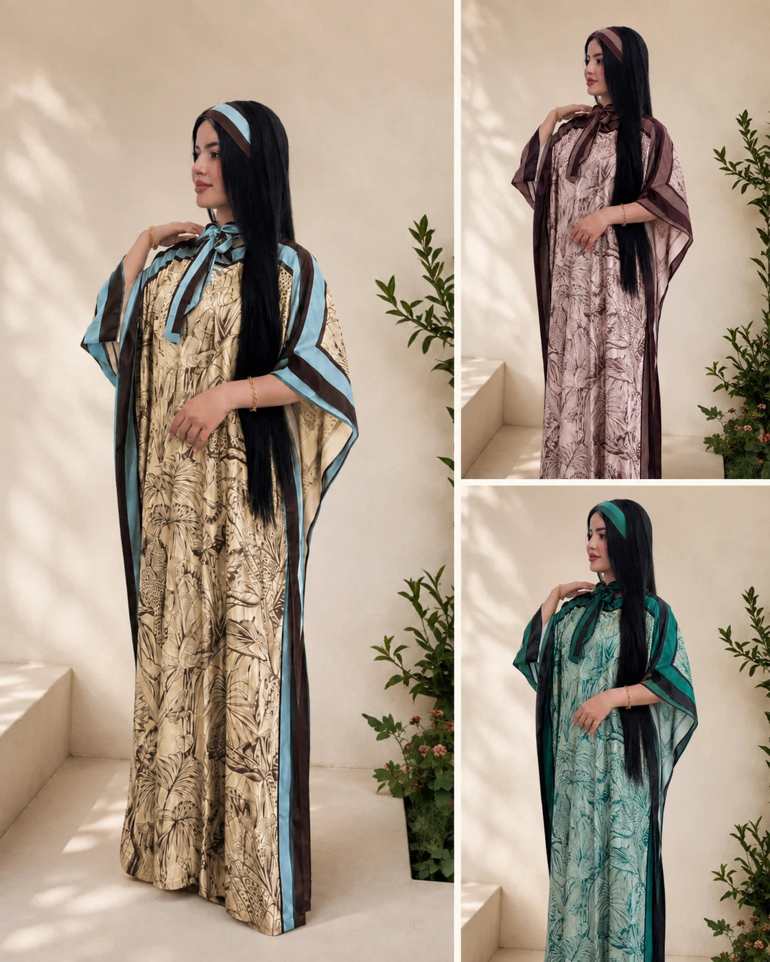 Robe Longue Fluide Style Caftan - Imprimé Marbré Artistique & Manches Kimono