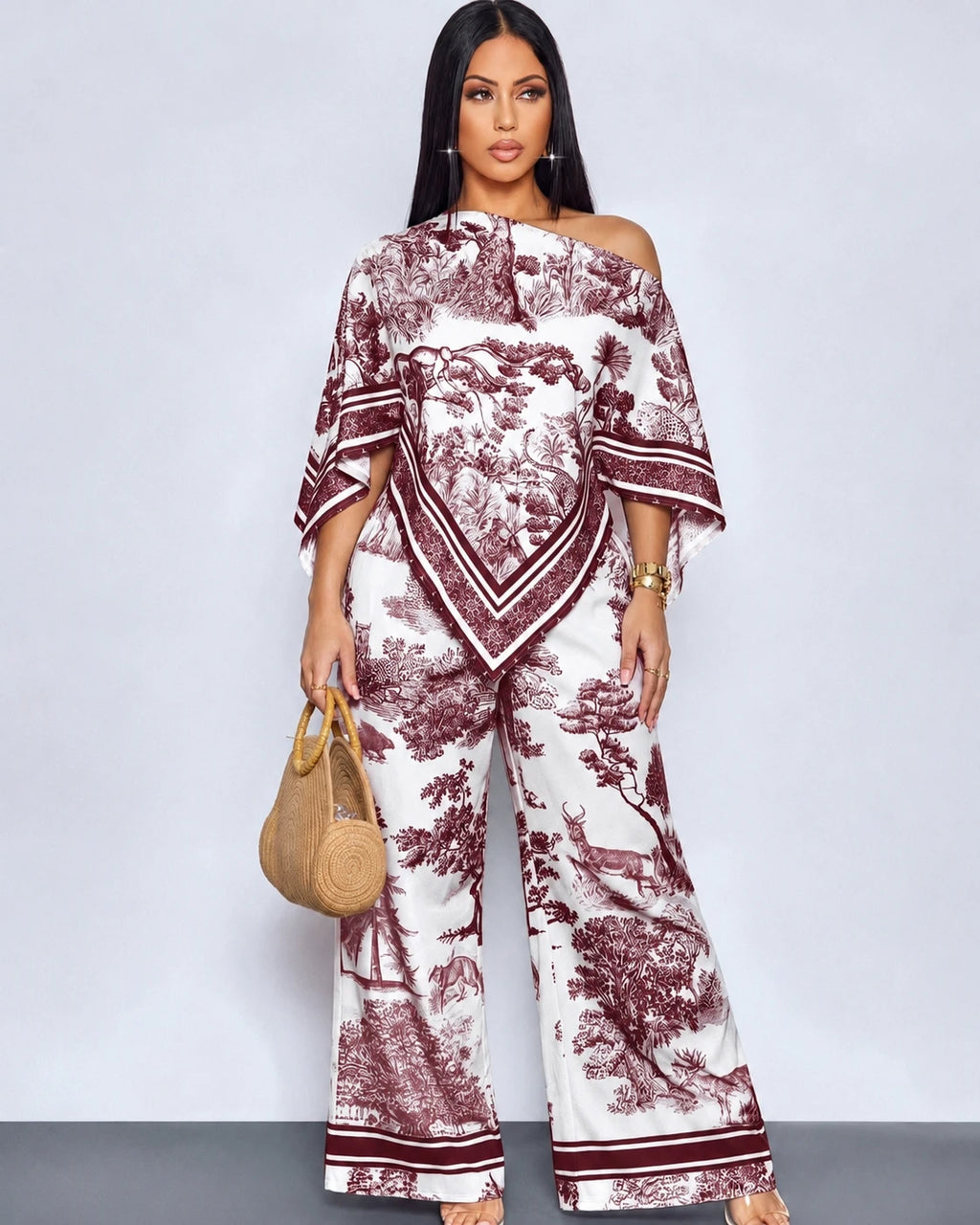 Ensemble Kimono & Pantalon Ample en Satin - Imprimé Bohème Chic