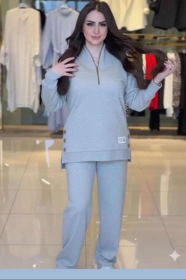 Ensemble Casual Chic 2 Pièces – Haut Demi-Zip & Pantalon Fluide