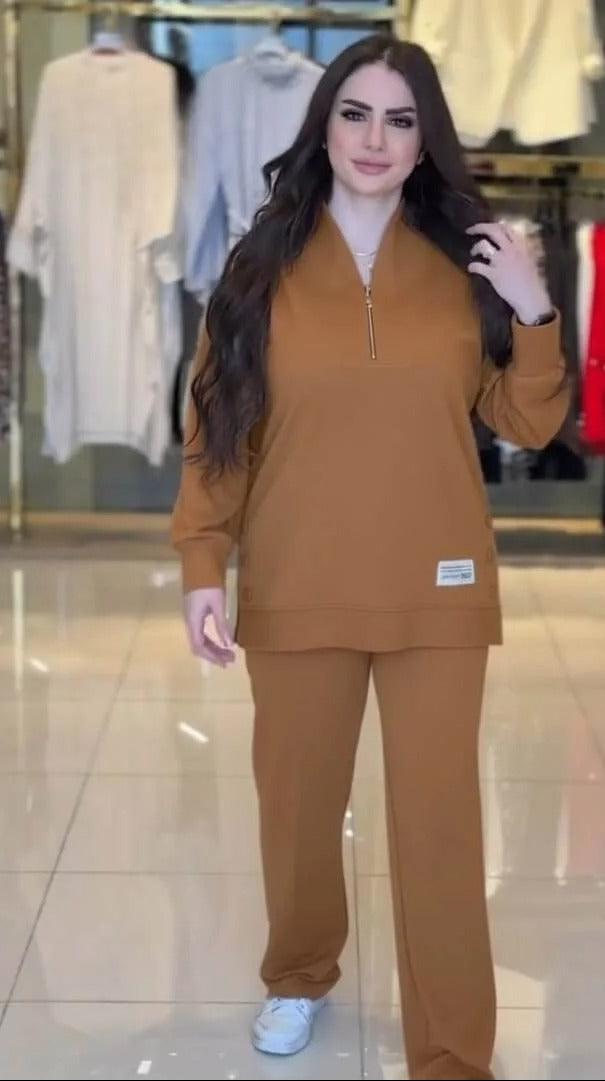 Ensemble Casual Chic 2 Pièces – Haut Demi-Zip & Pantalon Fluide
