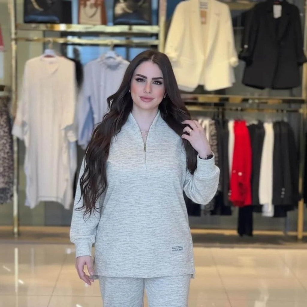 Ensemble Casual Chic 2 Pièces – Haut Demi-Zip & Pantalon Fluide